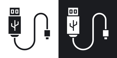 USB cable solid vector icon set in black and white color.