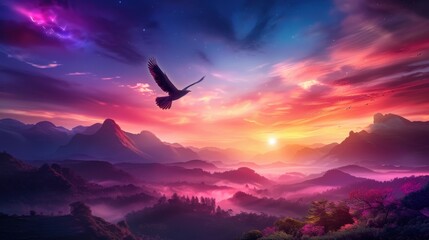 Majestic Mountain Sunrise with Flying Bird and Pink Clouds