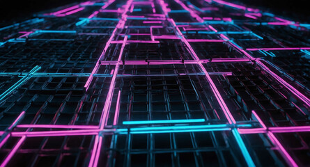 Poster - Neon tech grid light pathways abstract background