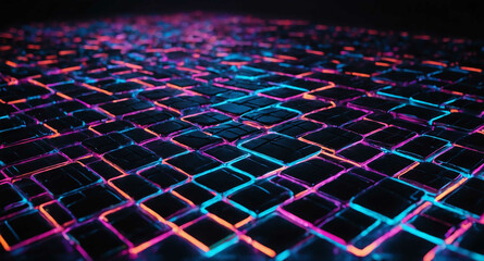 Neon tech grid light pathways abstract background