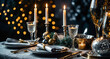 © sevenSkies - new years eve table dining with champagne glass silverware and candles for celebration