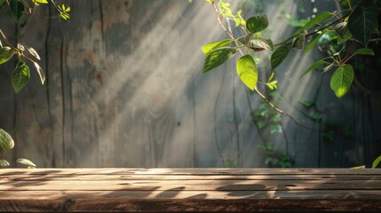 Wall Mural - Summer-themed wooden table with sunlight and leaf shadows, high-res wooden texture for text and design, empty podium for product display