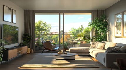 Wall Mural - Modern Living Room with Large Windows and City Views