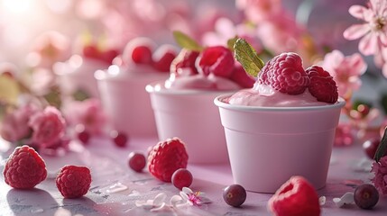 Wall Mural - Pink Yogurt with Raspberries and Flowers