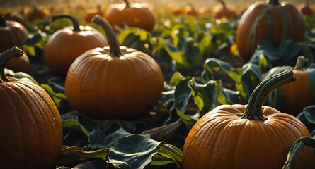 Poster - Pumpkins and corn glowing mist abstract background