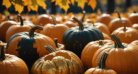 Poster - Pumpkins with golden leaves abstract background