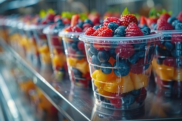 Wall Mural - Fresh Fruit Salad in Plastic Cups on a Shelf