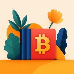 Digital wallet illustration featuring Bitcoin symbol surrounded by vibrant foliage and flowers, representing cryptocurrency and blockchain technology.