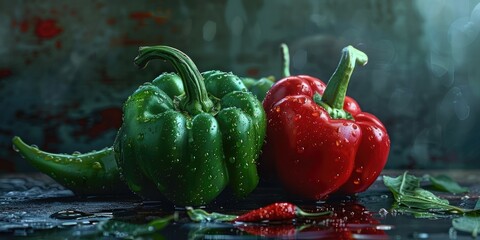 Wall Mural - Bright red and green bell peppers, glossy and fresh.