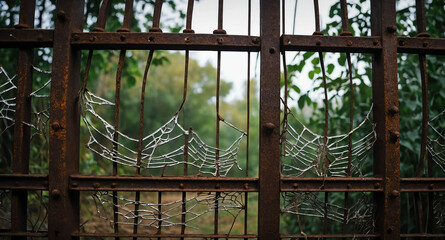 Sticker - Rusty iron gate with cobwebs background