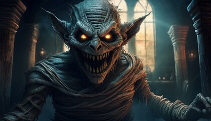 Wall Mural - Scary goblin mummy in haunted house, Halloween