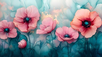 Poster - Abstract Pink Flowers on Teal Background