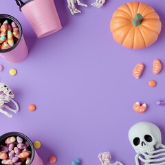 Pastel purple background with candy-filled pumpkin buckets and fake human body parts scattered, leaving empty space in the center.