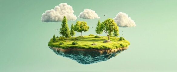 A miniature floating island with trees, grass, and clouds