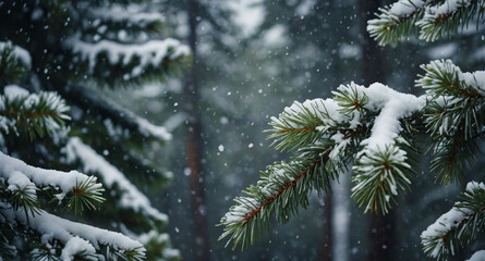 Poster - Snow falling gently on pine trees background