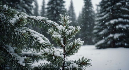 Wall Mural - Snow falling gently on pine trees background