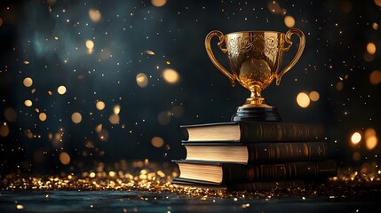 Wall Mural - Golden Trophy on Stack of Books with Sparkling Background