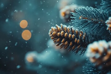 Wall Mural - snow-covered pinecones on frosty pine branches with soft glowing bokeh in the background, creating a