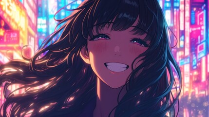 Wall Mural - A joyful girl with flowing hair smiles amidst a vibrant, colorful cityscape at night.