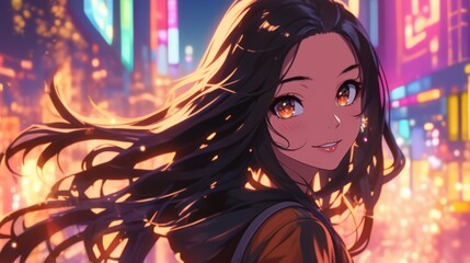 Wall Mural - A young woman with flowing hair smiles in a vibrant cityscape filled with lights.