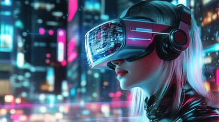 Woman Exploring Virtual Reality in Futuristic Cityscape