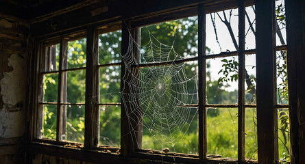 Sticker - spider web covered window of abandoned old house