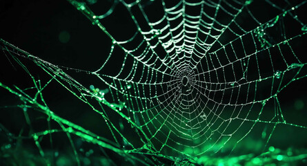 Spiderwebs eerie green glow abstract background