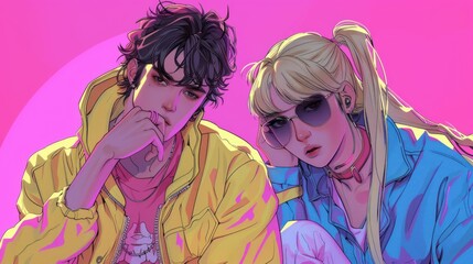 Two stylish characters in vibrant outfits against a pink background, showcasing modern youth culture.