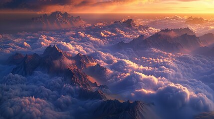 Wall Mural - A breathtaking view of majestic mountains rising above a sea of clouds at sunset.