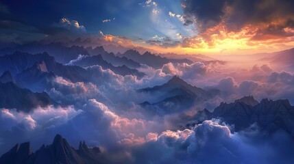 Wall Mural - A breathtaking mountain landscape at sunset, enveloped in clouds and vibrant colors.