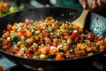 Canvas Print - Close-up of Steaming Vegetables in a Pan