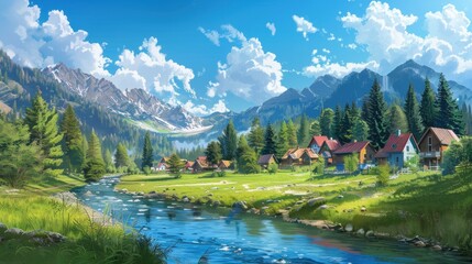 Wall Mural - A serene landscape featuring a river, mountains, and quaint houses under a blue sky.