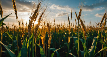 Canvas Print - Wheat and corn stalks glowing abstract background