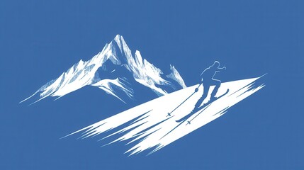 Wall Mural - A skier silhouette gracefully descends a steep mountain slope, captured in a minimalist style with a vibrant blue backdrop. Generative AI