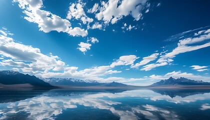 Canvas Print - The vast blue sky and white clouds set off, and the mountains in the distance look particularly spectacular in the sun, creating a peaceful and beautiful natural scenery.