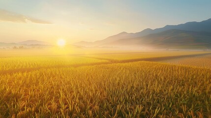 Wall Mural - A serene sunrise over a golden rice field, highlighting nature's beauty and agricultural life.