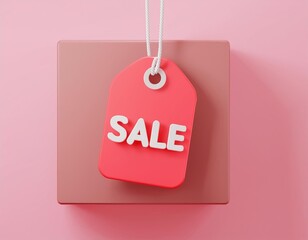 3D red sale tag hanging from a pink box, 3D illustration