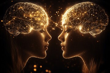 Poster - Brain structure Cerebral function Illuminated symmetrical image of two female profiles with glowing brain connections symbolizing telepathy neural communication and shared thoughts