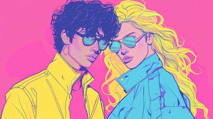 A vibrant illustration of two stylish individuals wearing sunglasses against a colorful background.