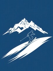 Poster - A sleek skier silhouette glides down a snowy slope with a mountain peak backdrop, embodying the thrill of winter sports. Generative AI