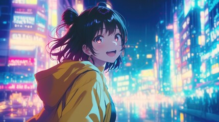 Wall Mural - A vibrant city scene at night featuring a cheerful girl in a yellow jacket.