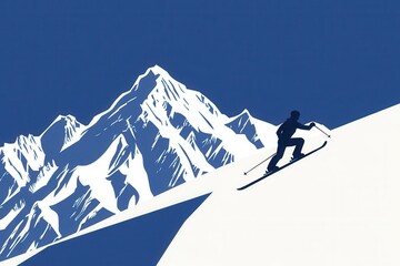 Poster - A skier elegantly makes their descent from the snowy slopes of a mountain, showcasing the excitement of winter sports in a minimal design. Generative AI