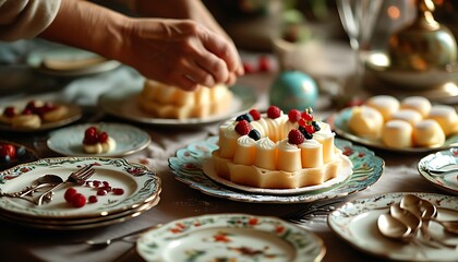 A hand is preparing a cake, surrounded by exquisite desserts and decorative plates. The scene is warm and beautiful.