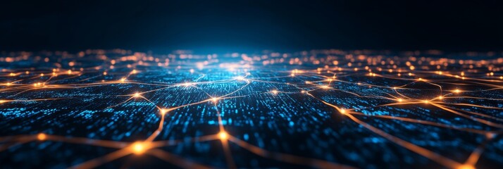 Futuristic network with glowing lines of data and binary code streaming across a digital landscape, representing global connectivity, AI, and cyber security in a high-tech environment