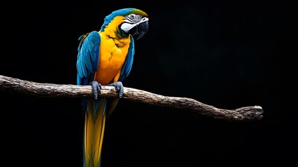 Blue and Yellow Macaw on Black Background, Realistic Photo, Texture, Pattern Background, Wallpaper, Cover and Screen for Smartphone, PC, Laptop, 9:16 and 16:9 Format