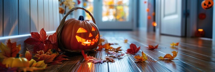 Wall Mural - Basket filled with pumpkins and autumn leaves, featuring spooky Halloween decorations in a hallway entrance.