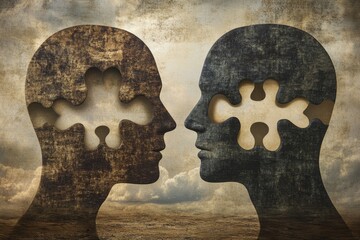 Canvas Print - Cognitive dynamics Brain activity Conceptual artistic representation of two profiles with puzzle pieces missing symbolizing human relationships intellectual exchange and problem solving