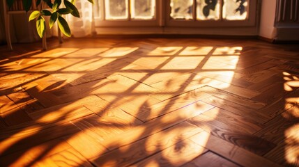 Wall Mural - Room with wooden parquet floor and sunlight casting leaf shadows, empty studio with summer background.