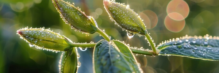 Sticker - Lively Milkweed Pods Adorned with Morning Dew in Soft Focus