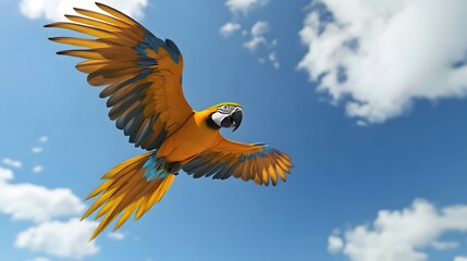 Blue and Yellow Macaw Flying Under Blue Sky, Realistic Photo, Texture, Pattern Background, Wallpaper, Cover and Screen for Smartphone, PC, Laptop, 9:16 and 16:9 Format